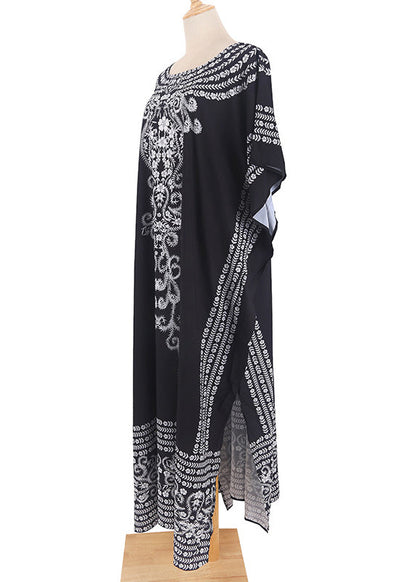 Black O Neck Print Chiffon Robe Dress Summer