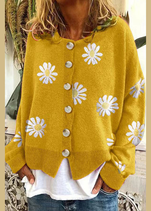 Orange Embroidered Button Knit Cardigan Fall