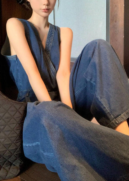 Stylish Blue V Neck Patchwork Denim Jumpsuits Sleeveless