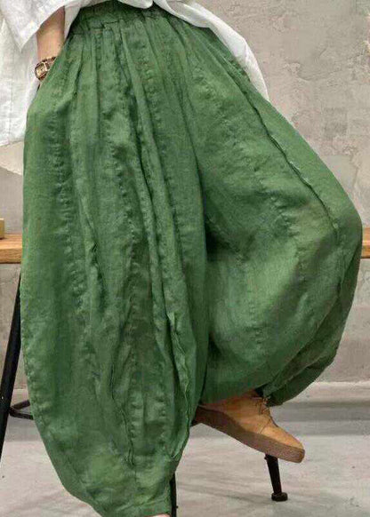 Khaki Pockets Patchwork Elastic Waist Linen Wide Leg Pants
