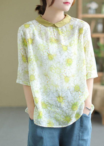 Modern Green Peter Pan Collar Print Summer Ramie Half Sleeve Tops