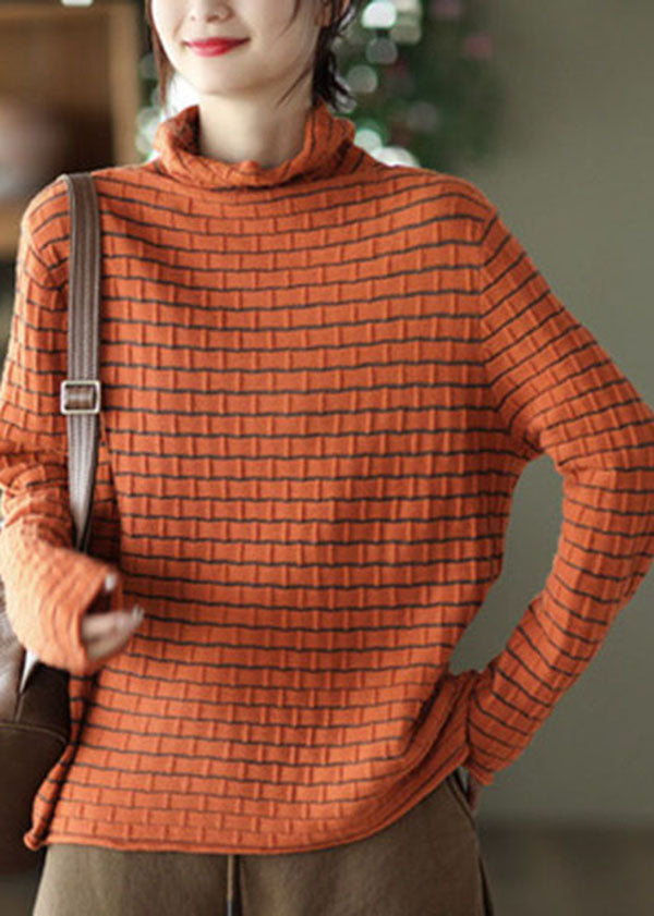 Orange Turtle Neck Striped Knit Sweaters Winter