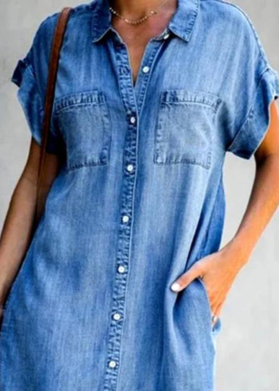 Light Blue Peter Pan Collar Button Denim Mid Shirt Dress Summer