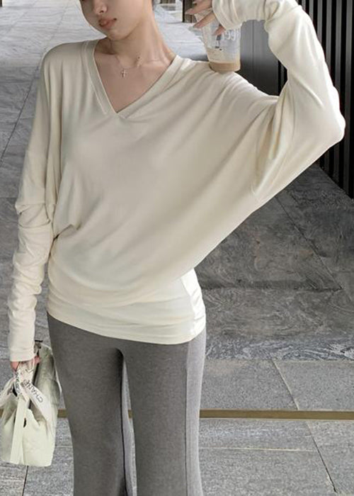 Beige Loose Cotton Spring Top V Neck