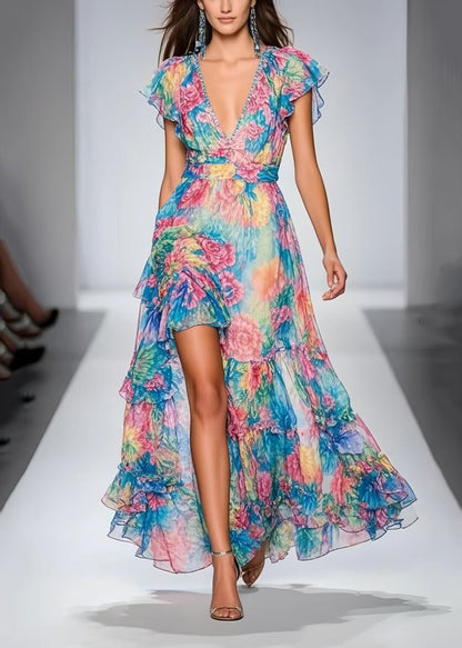 Blue Print Side Open Chiffon Maxi Dresses Summer