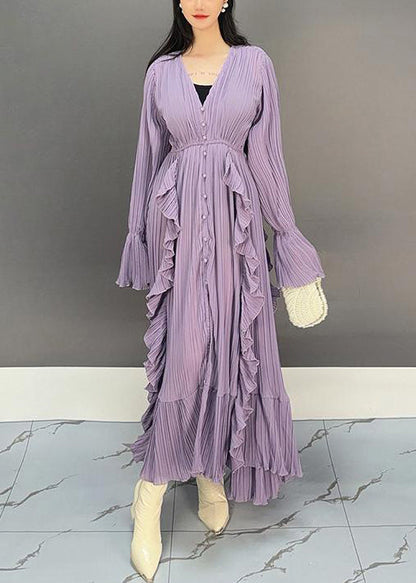 Purple V Neck Ruffled Long Dresses Flare Sleeve