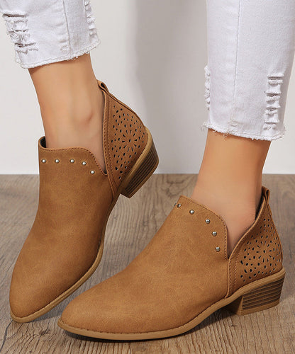 Brown Hollow Out Splicing Chunky Ankle Boots Pointed Toe