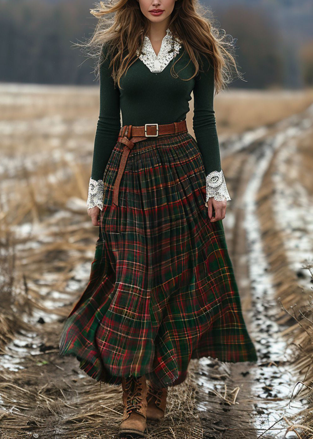 Countryside Style Plaid V-neck Patchwork Long Dress Spring