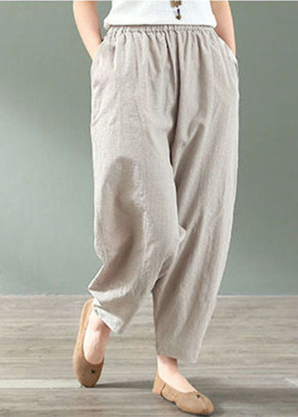 Linen Colour Elastic Waist Pockets Linen Crop Pants Summer