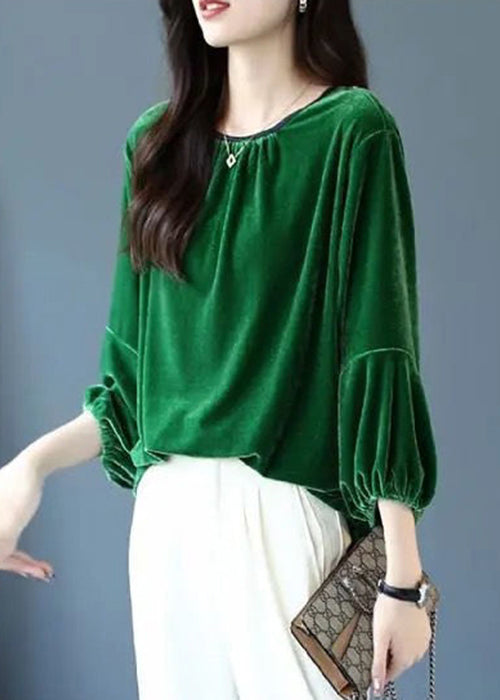 Loose Blackish Green O Neck Silk Velour Tops Spring
