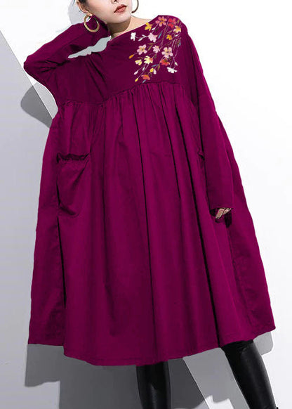 Cinched O Neck Cotton Clothes for Tutorials Purple Dresses
