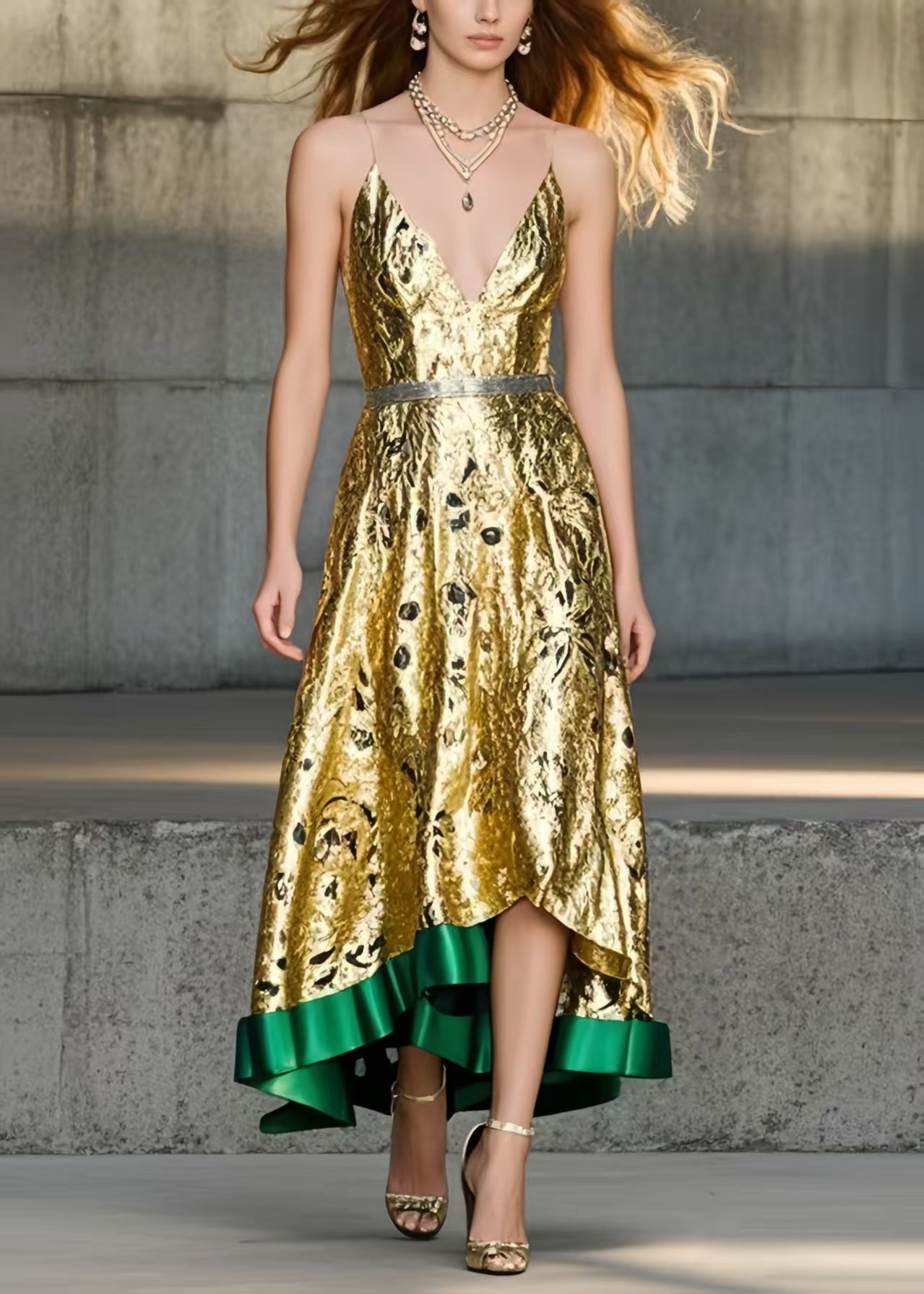 Golden Jacquard Exra Large Hem Cami Dresses Summer