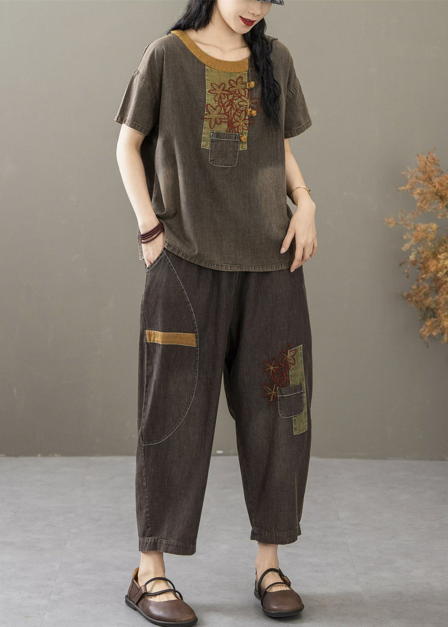 Retro Black Embroidered T Shirt and Crop Pants Denim Two Pieces Set Summer