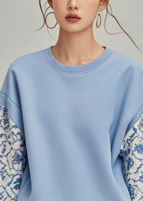Blue O Neck Print Patchwork Cotton Pullover Sweatshirt Fall