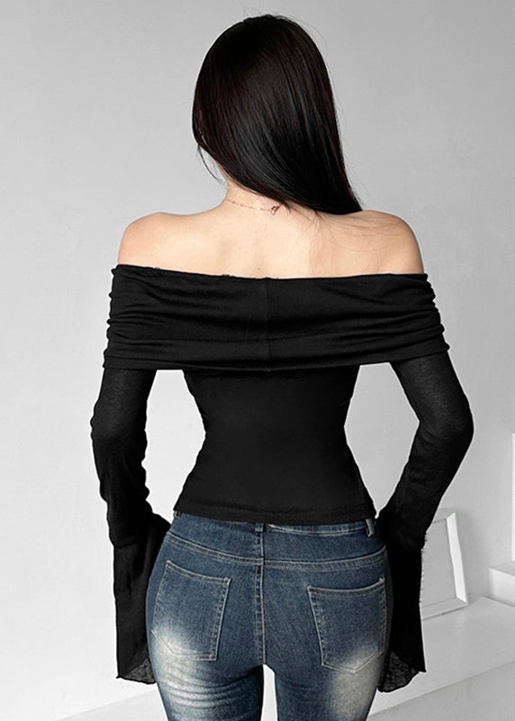 Slim Fit Black Slash Neck Tulle Tops Long Sleeve