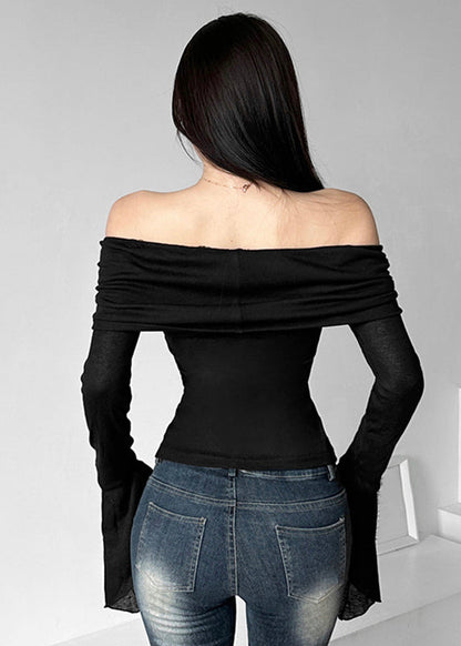 Slim Fit Black Slash Neck Tulle Tops Long Sleeve