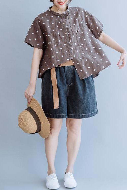 Coffee Cotton Linen Blouse Loose Tops for Summer