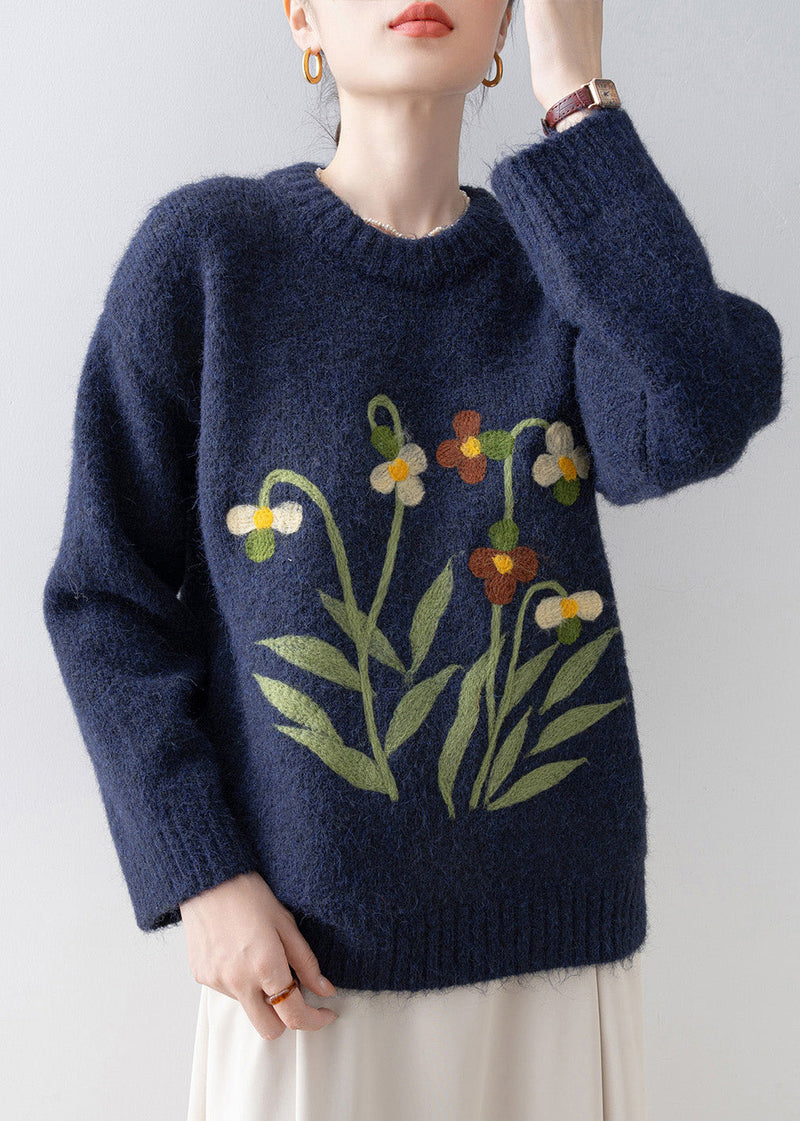 Simple Navy O Neck Knit Pullover Spring