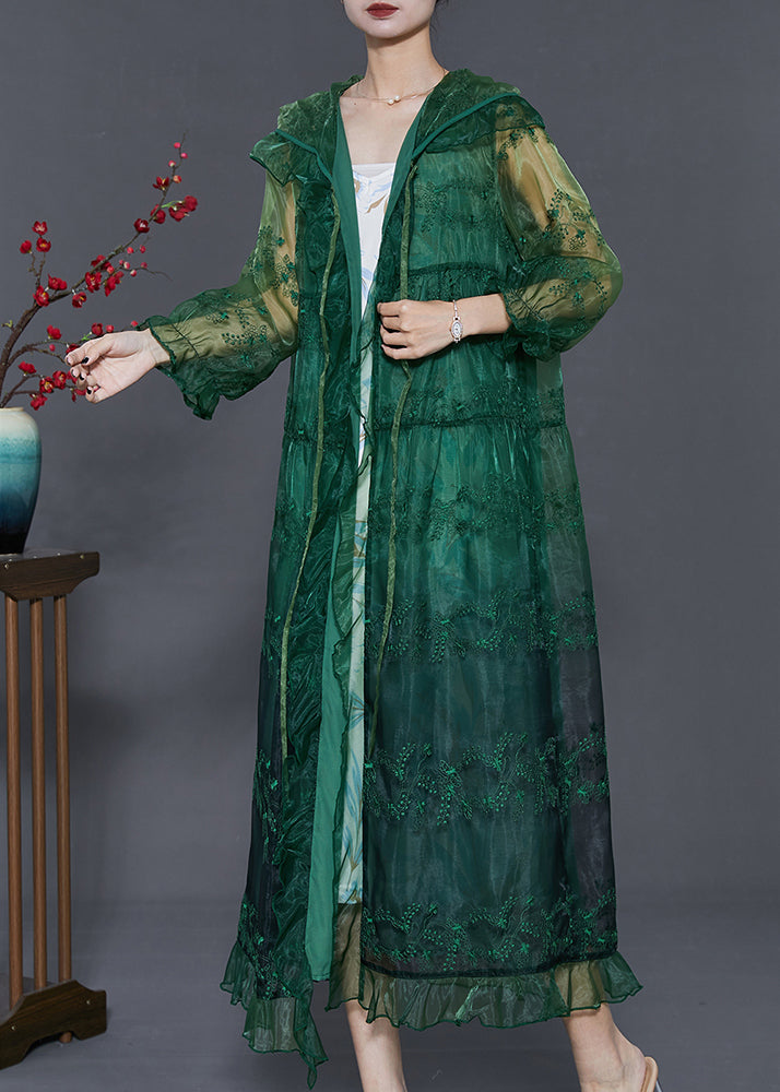 Green Organza Upf 50+ Cardigans Embroidered Ruffled Summer