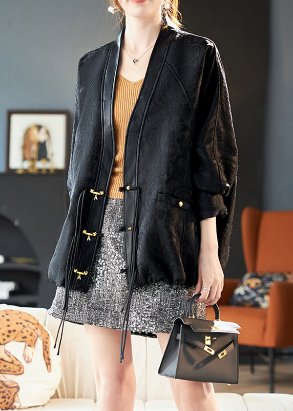 Jacquard Black V Neck Patchwork Coats Batwing Sleeve