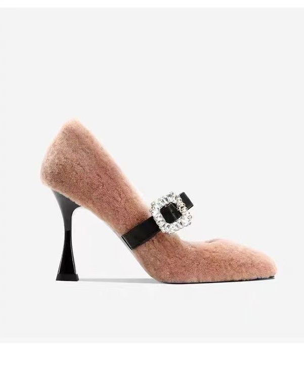 Splicing Stiletto High Heels Pink Faux Fur
