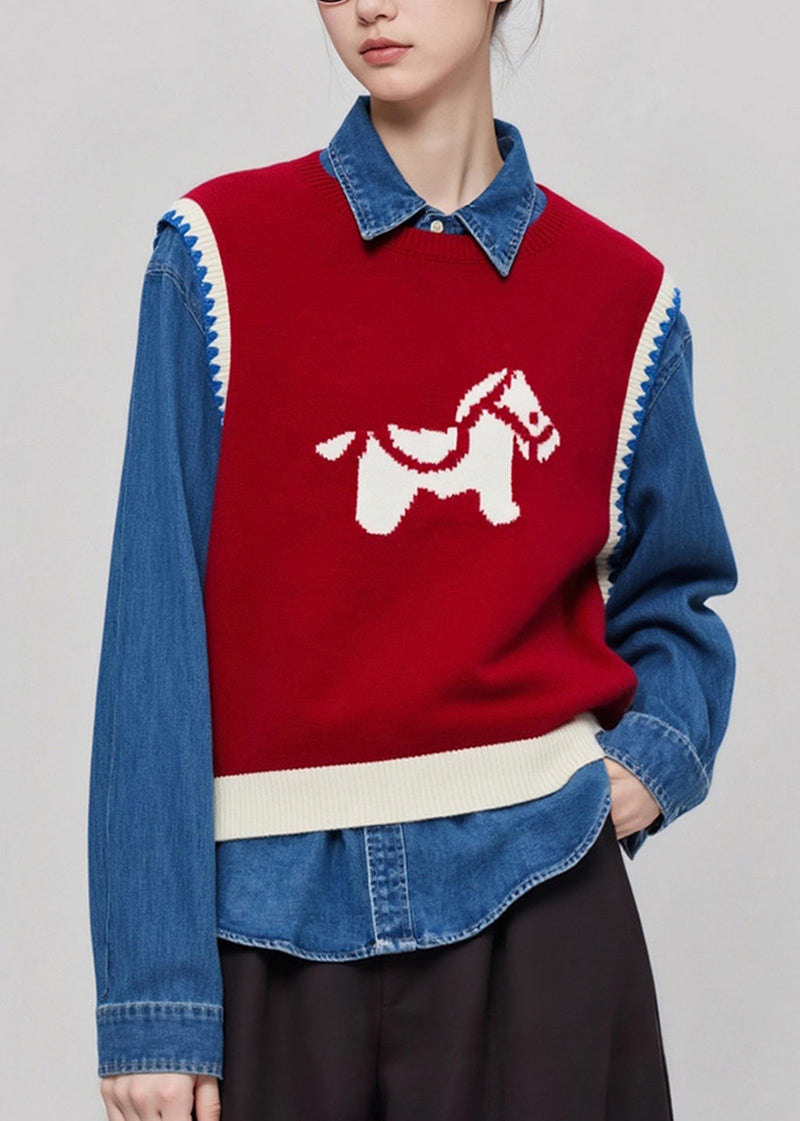 Red O Neck Cartoon Print Knit Vest Sleeveless