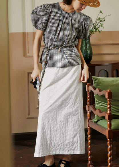 French O-neck Wrinkled Puff Sleeve Plaid Cotton Top