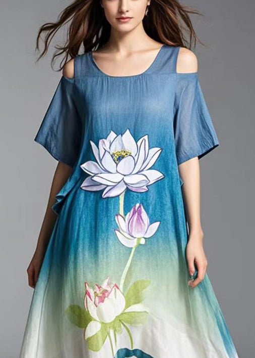Gradient Color Cold Shoulder Lotus Print Cotton Dress Summer