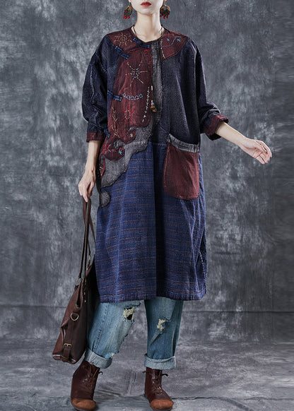 Navy Embroidered Patchwork Applique Denim Oriental Dresses Spring