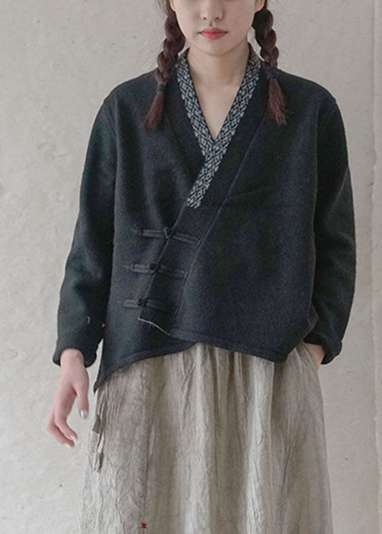Simple Black Button Embroidered Asymmetrical Design Fall Knit Sweater