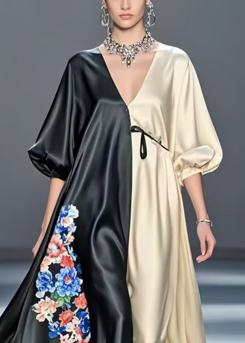 Colorblock Patchwork Silk Maxi Dresses Oversized Print Spring