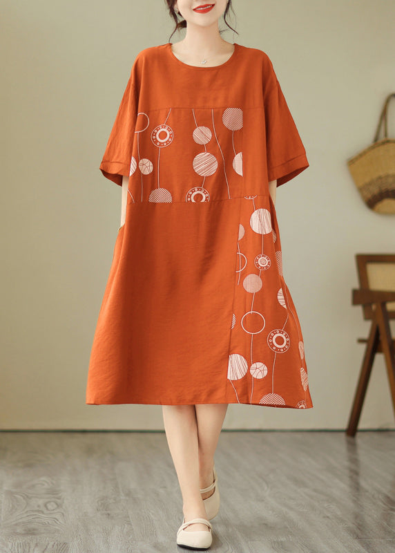 Loose Black O-neck Print Holiday Long Dress Short Sleeve