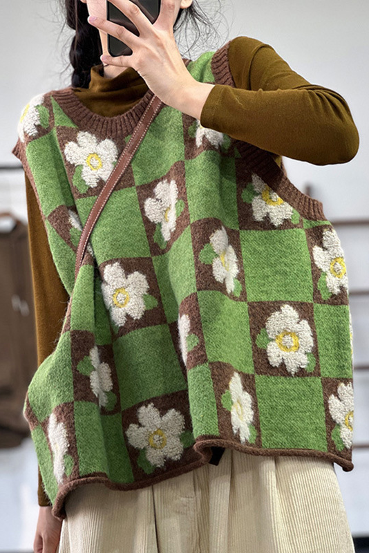 - Autumn Contrasting Color Jacquard Knit Loose Vest