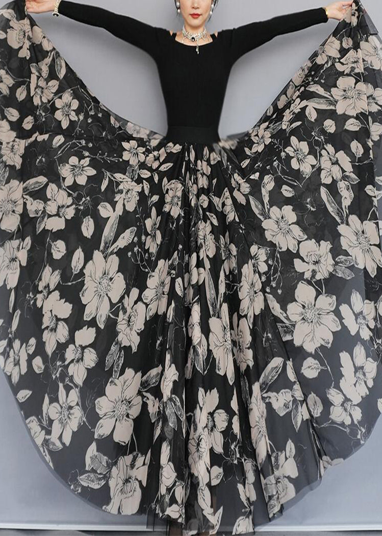 Black Print Exra Large Hem Chiffon Skirts Spring