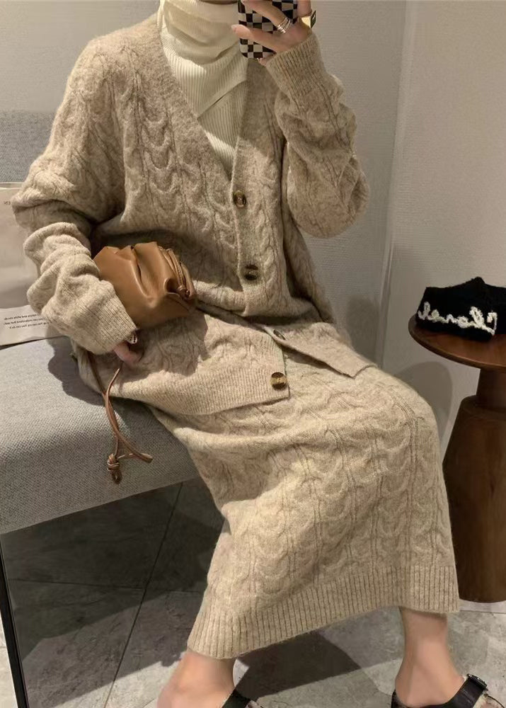 French Khaki V Neck Cardigans and Skirts Knit Two Pieces Set Winter
