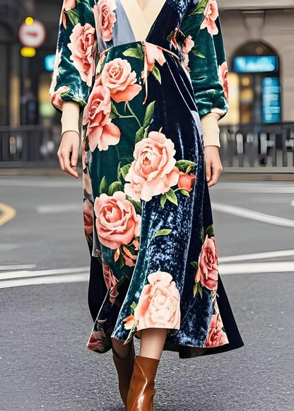 Colorblock V Neck Patchwork Print Silk Velvet Dresses Fall