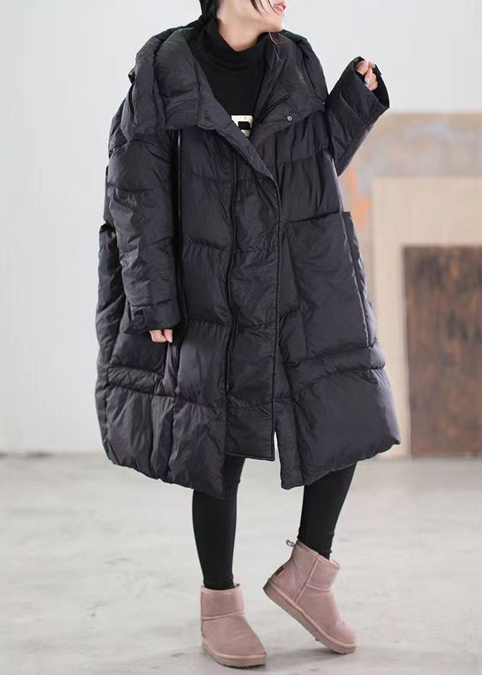 Black Hooded Pockets Patchwork Duck Down Coat Winter