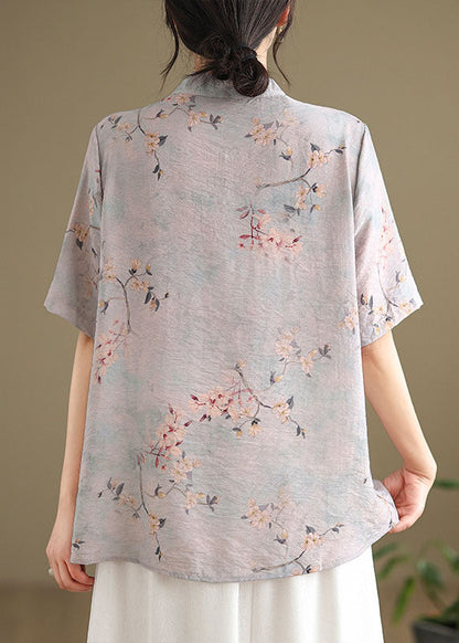 Light Purple Tasseled Print Cotton Top Short Sleeve