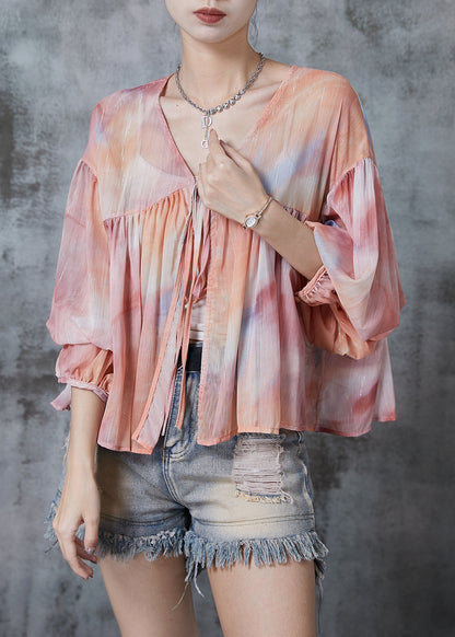 Gradient Color Oversized Lace Up Chiffon Blouses Fall