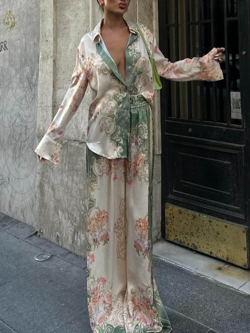 Oversized Loose Unique Printed Stretch Waist Wide Leg Pants