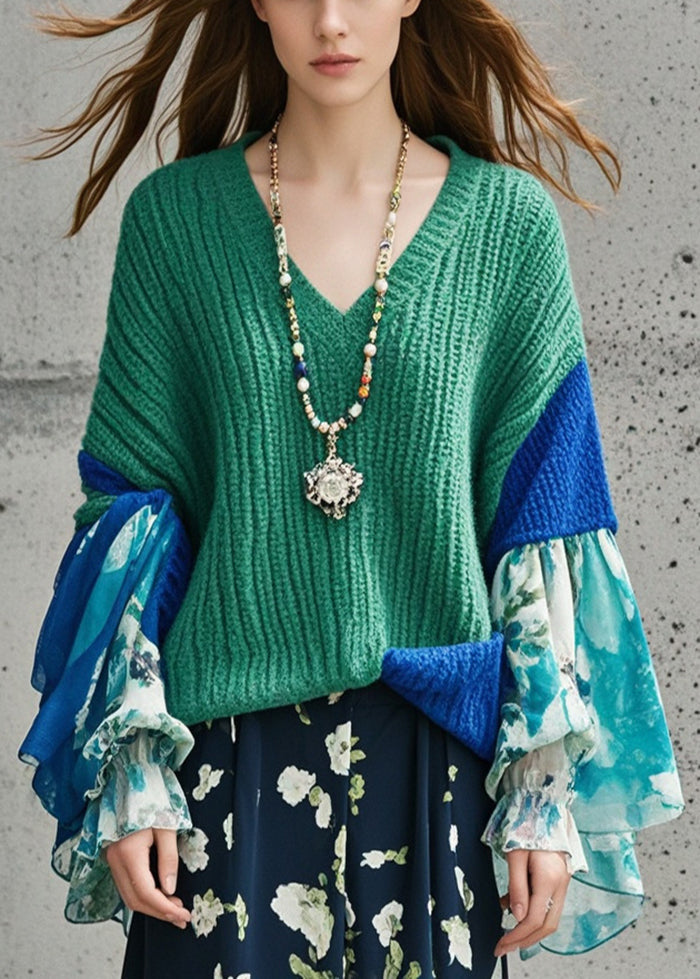 Tea Green V Neck Patchwork Print Sweater Tops Fall