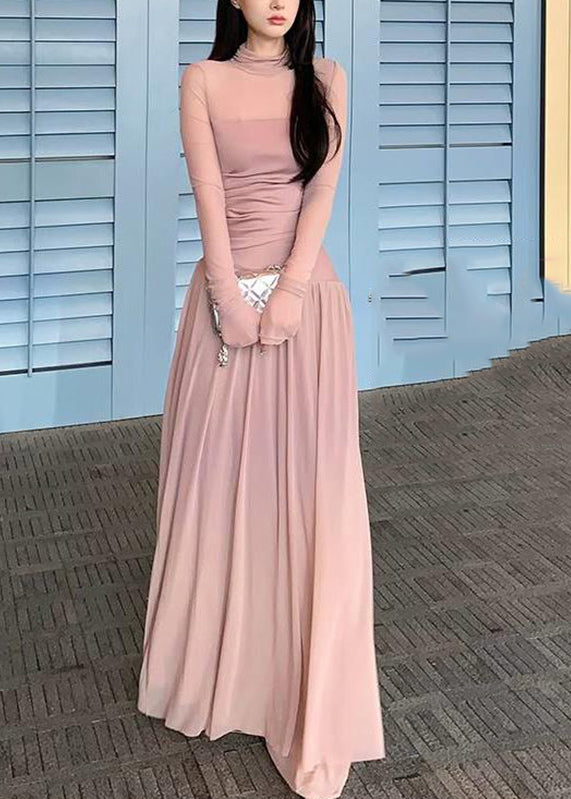 New Pink Turtleneck Patchwork Tulle Long Dress Long Sleeve
