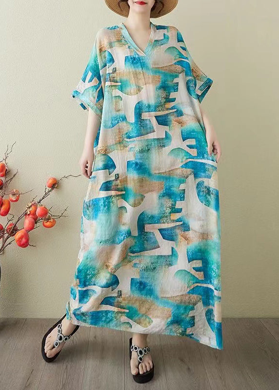 Blue Oversized Print Cotton Party Dress Summer