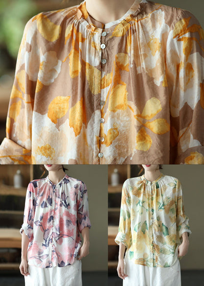 Green Print Wrinkled Button Patchwork Cotton Top Spring
