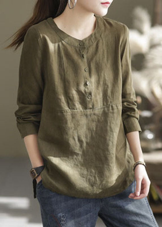 Classy Green O-neck Button Patchwork Linen Shirt Top Long Sleeve