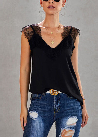 Black Lace Patchwork Vests Summer