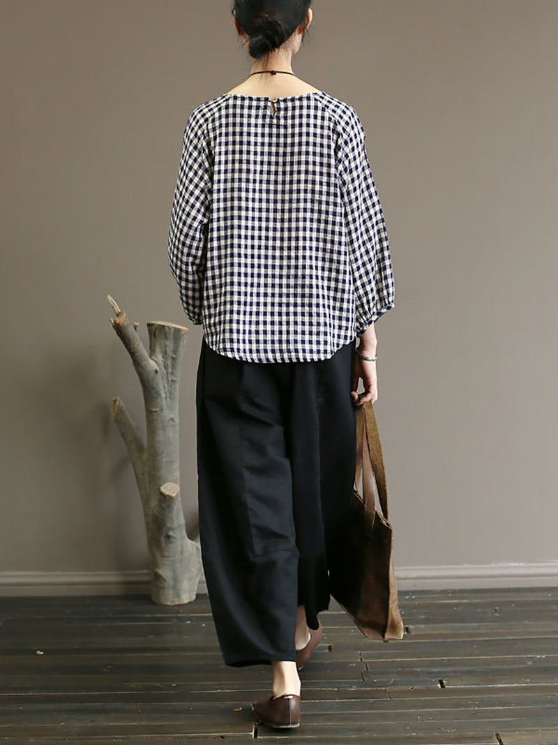 Summer Plaid Loose Pullover Cotton Shirt