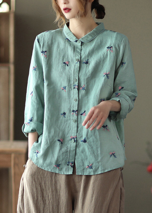 Handmade Green Peter Pan Collar Embroidered Linen Shirts Long Sleeve