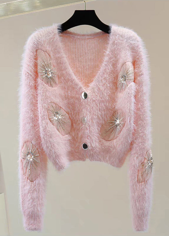Pink V Neck Zircon Thick Mink Hair Knitted Sweater Winter