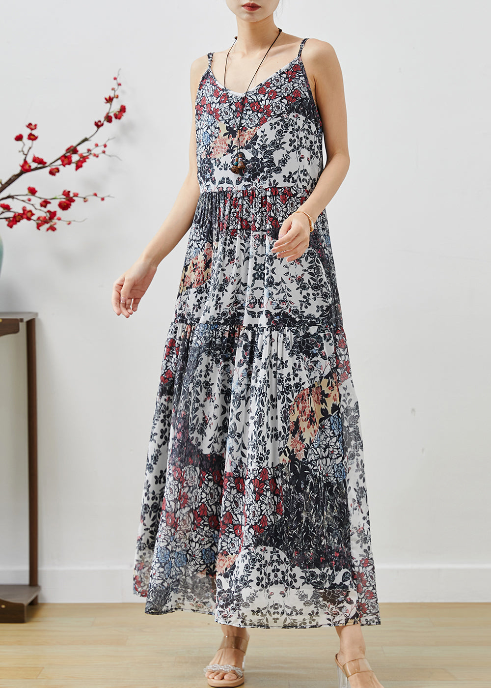 Black Print Exra Large Hem Chiffon Spaghetti Strap Dress Summer